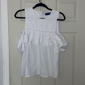 Medium white tank with ruffles at chest. Button detail in back